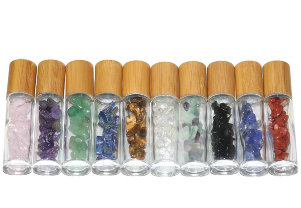 10Ml Roll On Bottle For Essential Oils,10 Pack Clear Glass Roller Bottles With Natural Crystal Gemstone Roller Balls Top,Bamboo