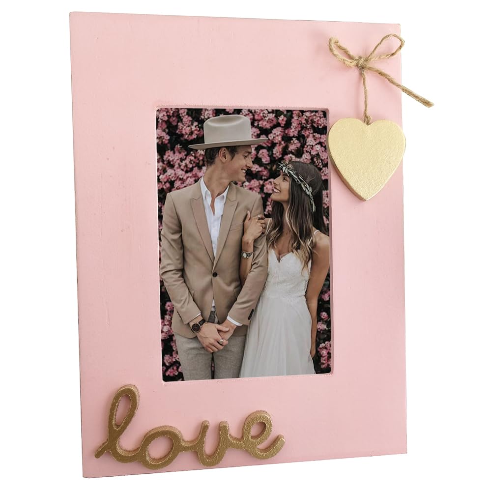 Simelecor 4x6 Love Picture Frame Pink Vertical with Golden Heart for Table Top and Wall Mounting-Pink and Gold Wooden Photo Fram