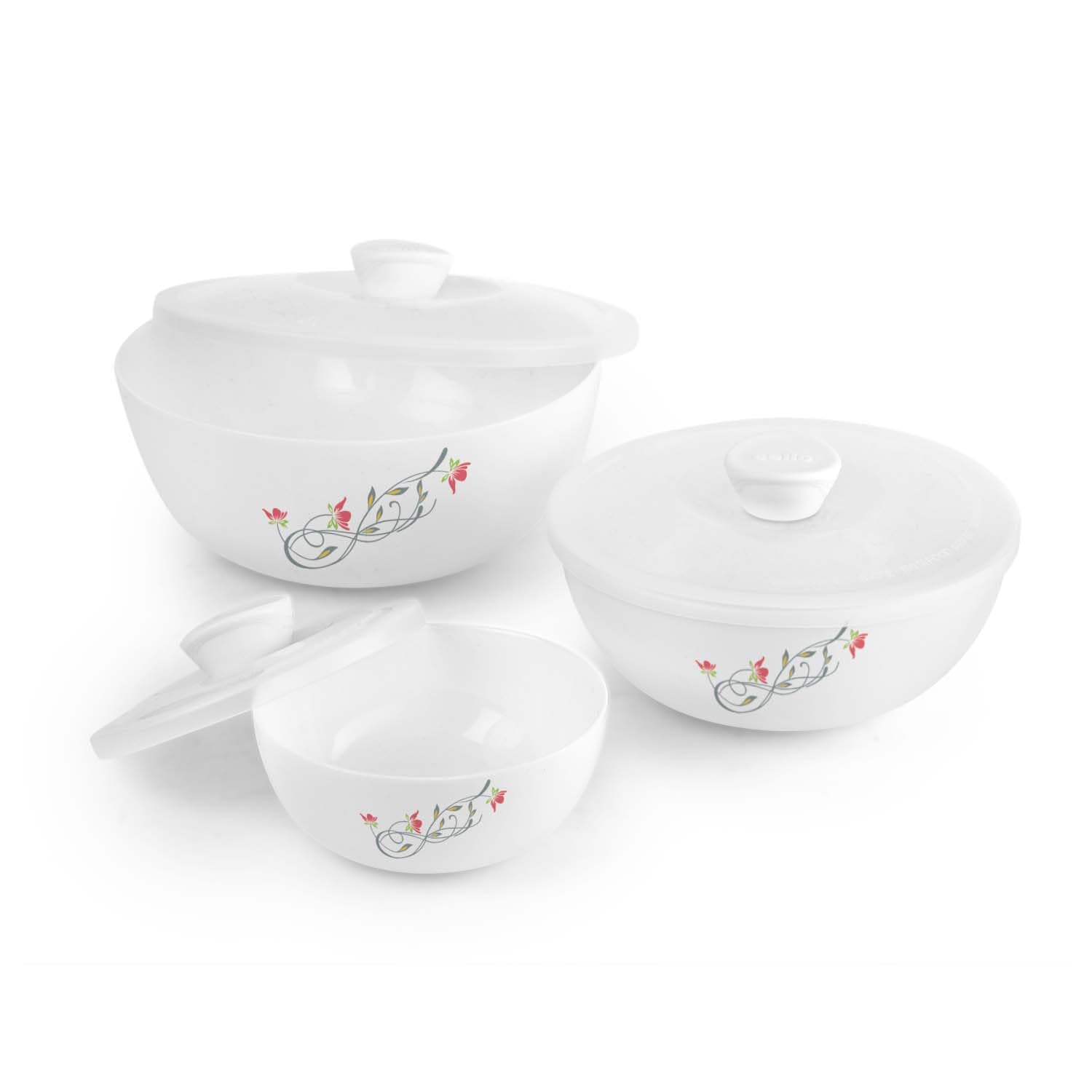 Cello Opalware Royale Microwaveable & Dishwasher Safe Mixing Bowl Set With Lid(500Ml, 1000Ml,1500Ml), Magical Swirl, 3 Units, Wh
