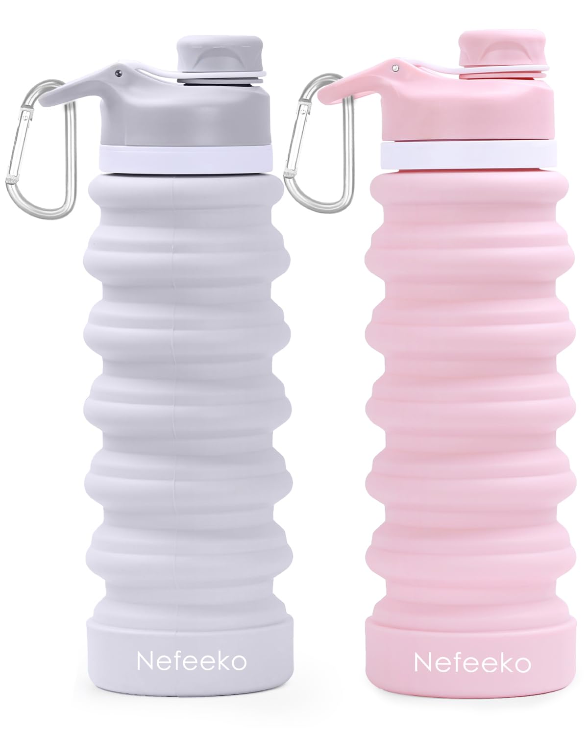 Nefeeko Collapsible Water Bottle, 2 Pack 26oz Silicone Foldable Water Bottles Leakproof BPA Free Travel Water Bottles with Carab