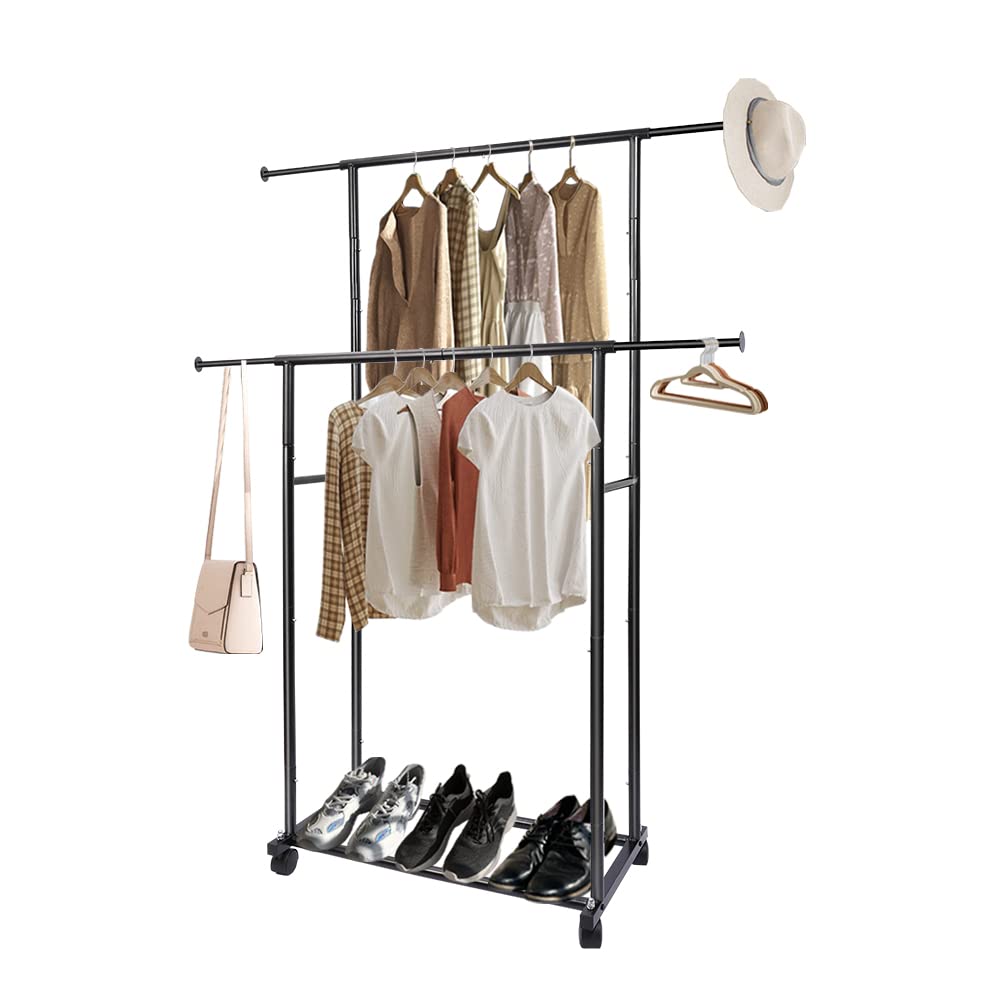Fishat Black Simple Standard 2 Double Rod Clothing Metal Garment Rack For Hanging Clothes, Rolling Clothes Organizer With Mobile