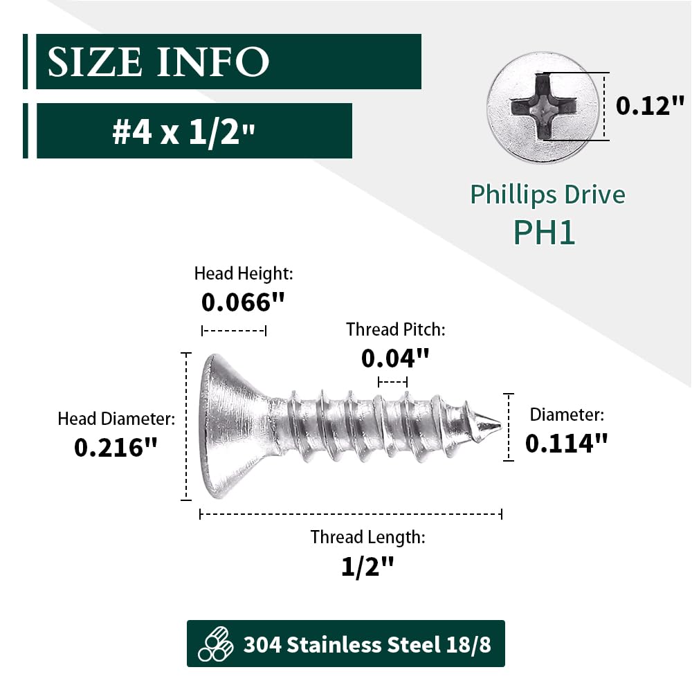 4 X 12 (200 Pcs) Flat Head Sheet Metal Screws Phillips Drive Wood Screws, 304 Stainless Steel 18-8, Self Tapping Screws