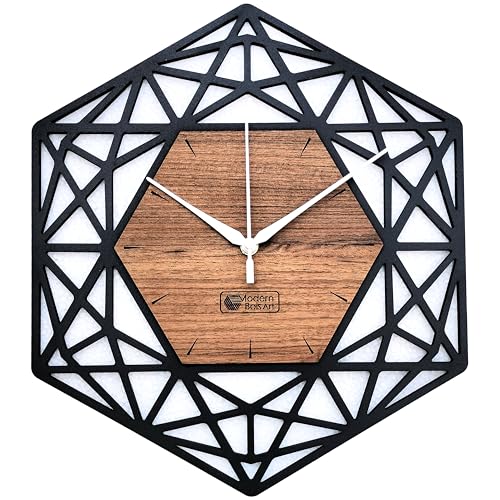 Modern Bois Art Antique Geometric Design Handmade Wood Wall Clock, Big Size Modern Analog Wall Clock For Home Decor (Black, And 