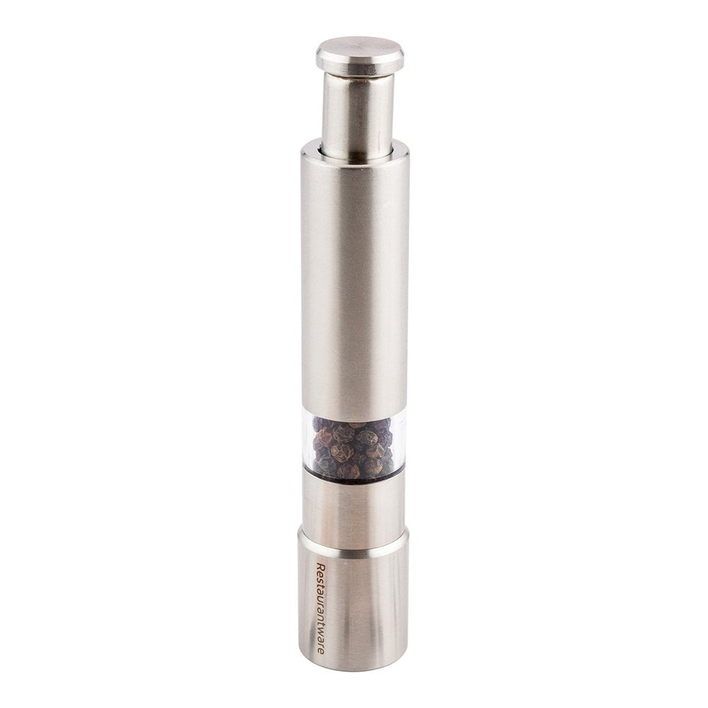 Restaurantware Met Lux Salt Or Pepper Mill 1 Push Top Salt Or Pepper Grinder Refillable One-Hand Operation Stainless Steel Salt