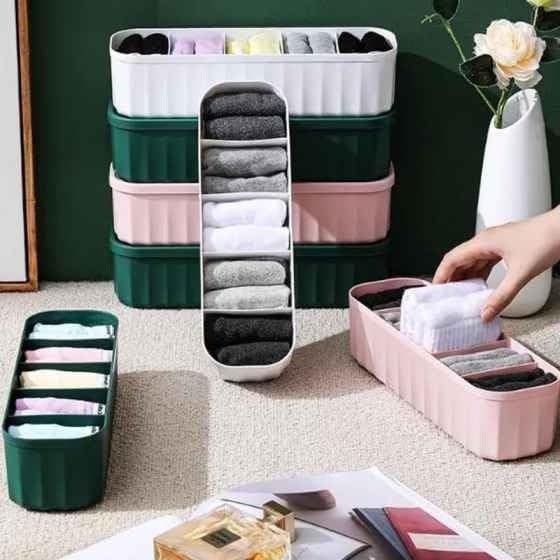 Rabbonix Plastic Socks Rack Undergarments Innerwear Cosmetic Makeup Drawer Organiser Partition Grids Storage Box | Pack Of 04 | 