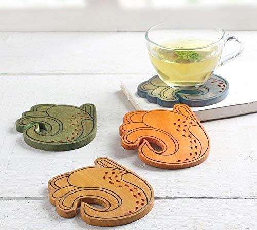 Store Indya Designed Wooden Coasters Set 4-Pack Set (Peacock Colorful)
