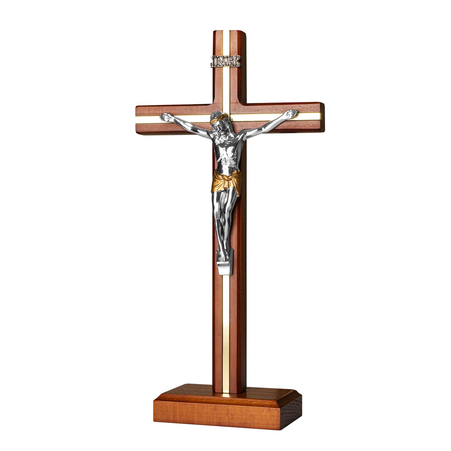 KUXBET Standing Crucifix Cross with Detachable Stand 10.6 Inch Catholic Wooden Jesus Christ Wall Hanging Cross for Home Decor - 