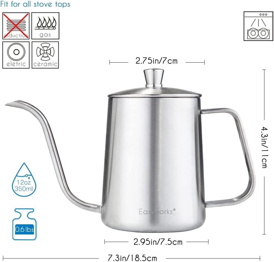Easyworkz Gage Gooseneck Pour Over Coffee Kettle 20 Oz Stainless Steel Hand Drip Long Narrow Spout, Silver