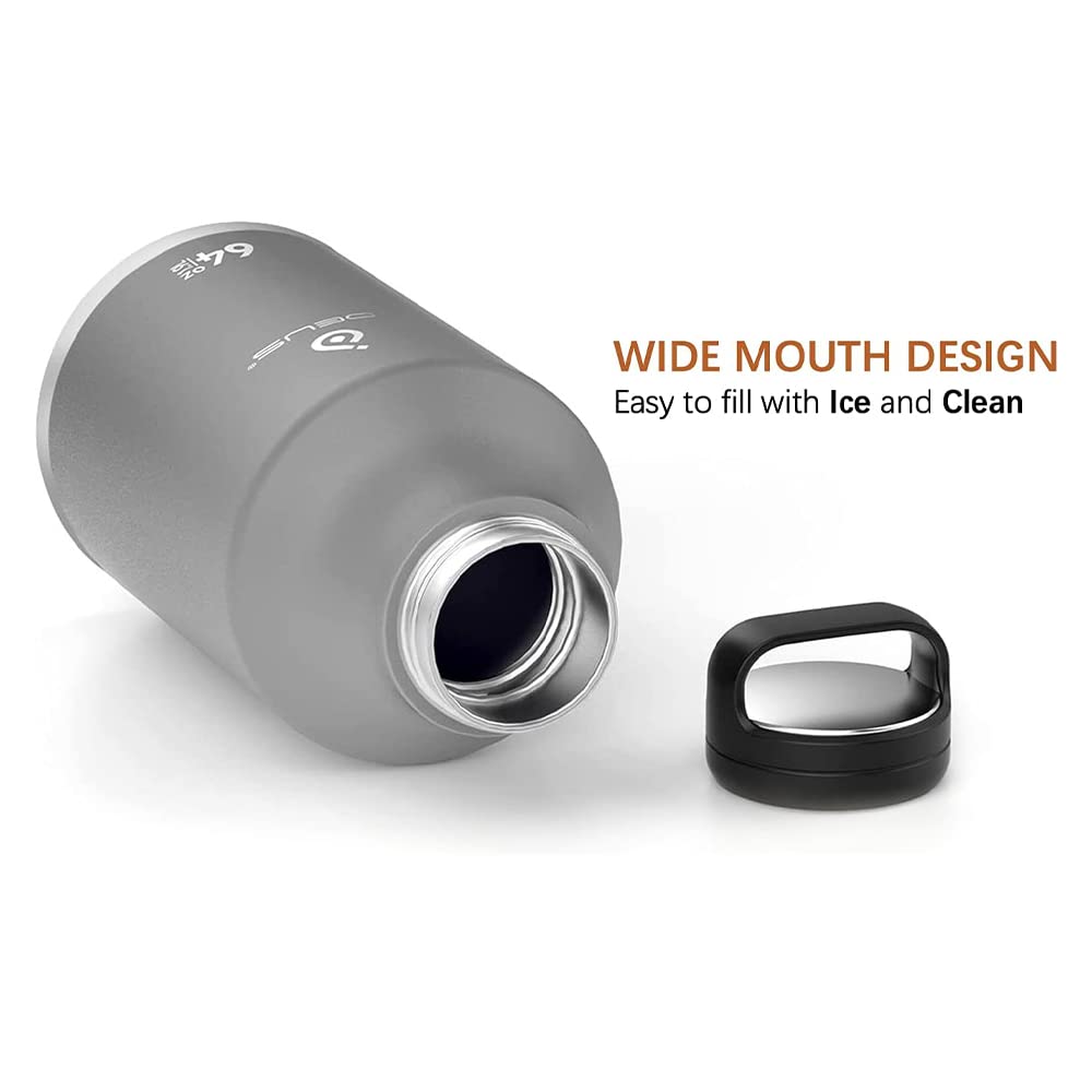 Ideus Insulated Stainless Steel Water Bottle With 2 Leak-Proof Lids, Thermal Water Flask For Hiking Biking, 64Oz, Gray