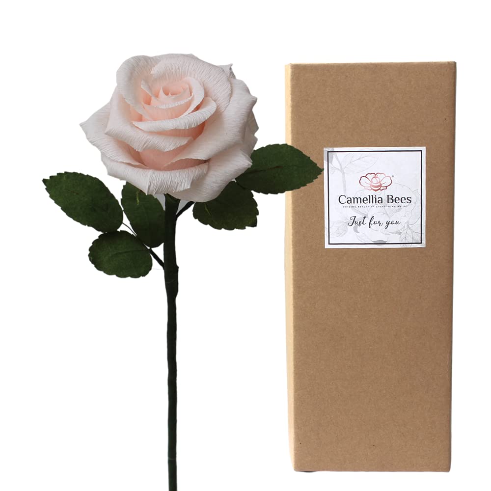 Camellia Bees Paper Rose Gift, Single Long stem Paper Rose for 1 Year Wedding Anniversary, Valentines Day, Mothers Day, Teachers