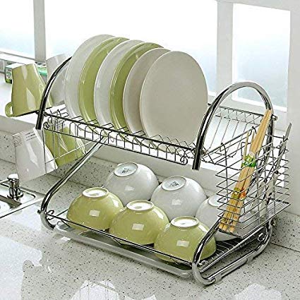 Original Mart Dish Drainer Rack Crockery Cutlery Plate Holder Glass Utensils Storage Organizer(Stainless Steel::41X25X37Cm)