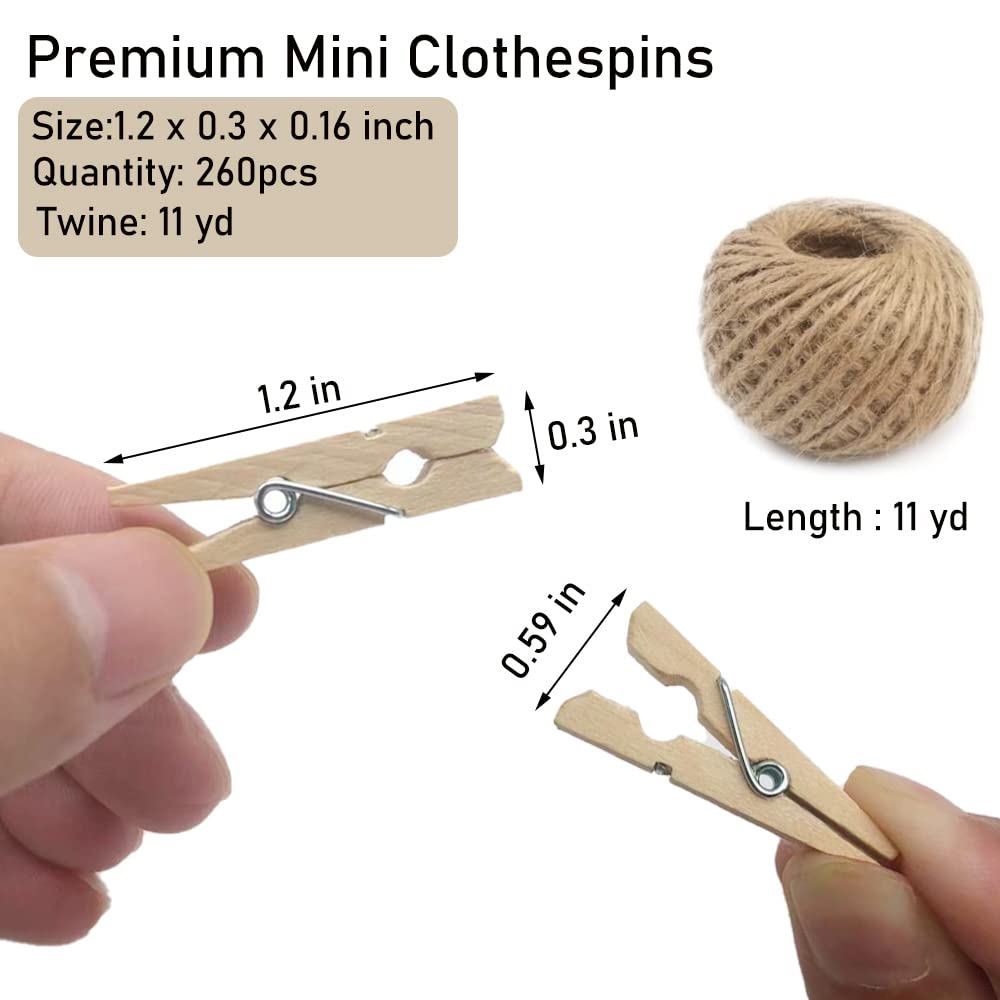 Mini Clothes Pins, 260 Pcs Small Wooden Clothes Pins With Jute Twine, Clothespins, Clothes Pins For Photos Crafts Diy Project