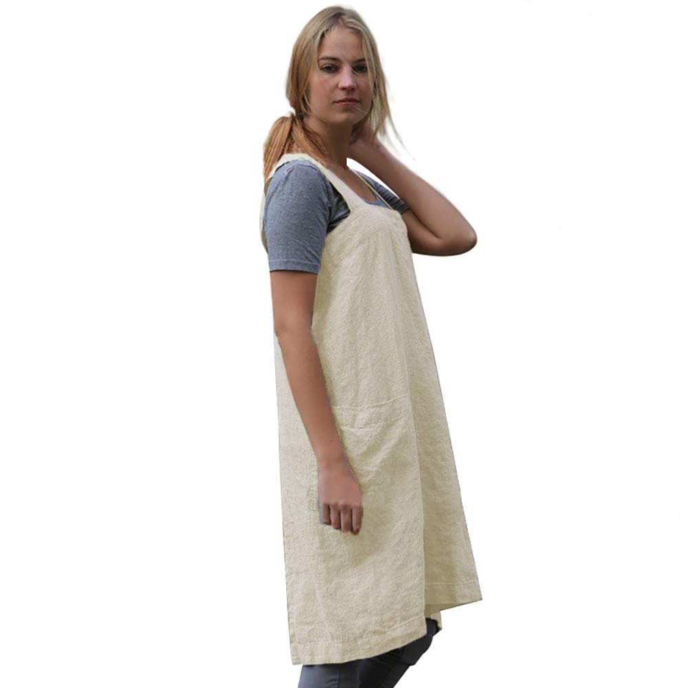 Women 'S Pinafore Square Apron Baking Cooking Gardening Works Cross Back Cotton/Linen Blend Dress With 2 Pockets Apricot-2Xl