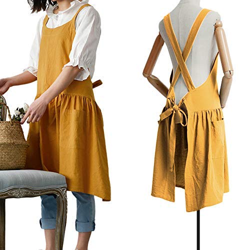 Faduofa Fashion Cotton Kitchen Apron Korean Style And Linen Cooking Waist For Cooking Baking Painting Gardening Cleaning (Yellow