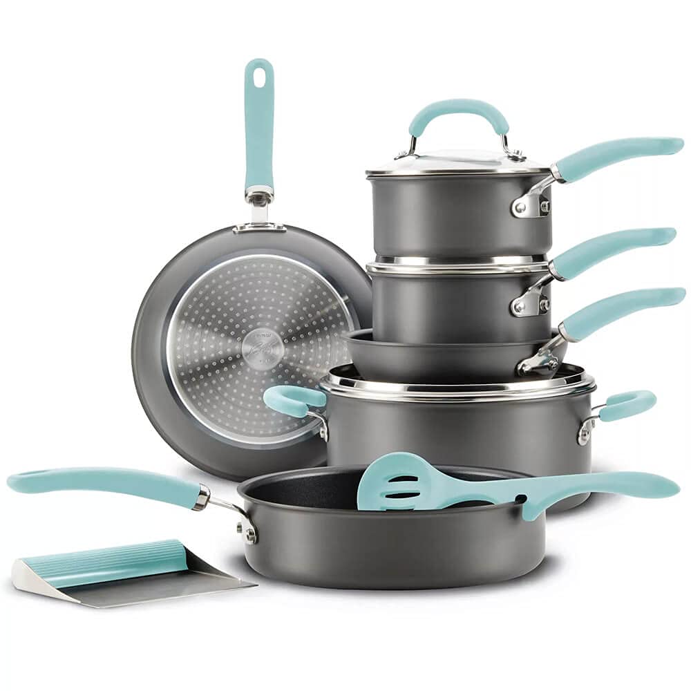 Rachael Ray 81125 11Piece Hard Anodized Aluminum Cookware Set, Gray with Light Blue Handles