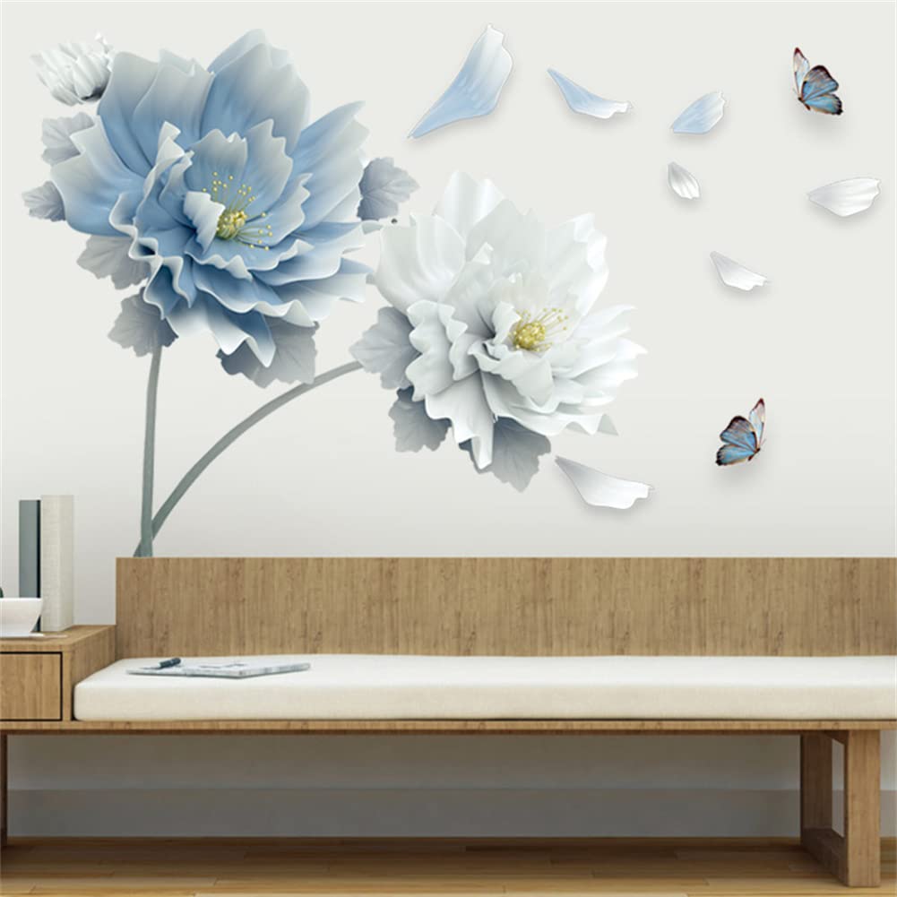 Blue Flower Wall Decals Stickers,Peel And Stick Flower Wall Sticker Diy Floral Wall Art For Bedroom Living Room Classroom Office