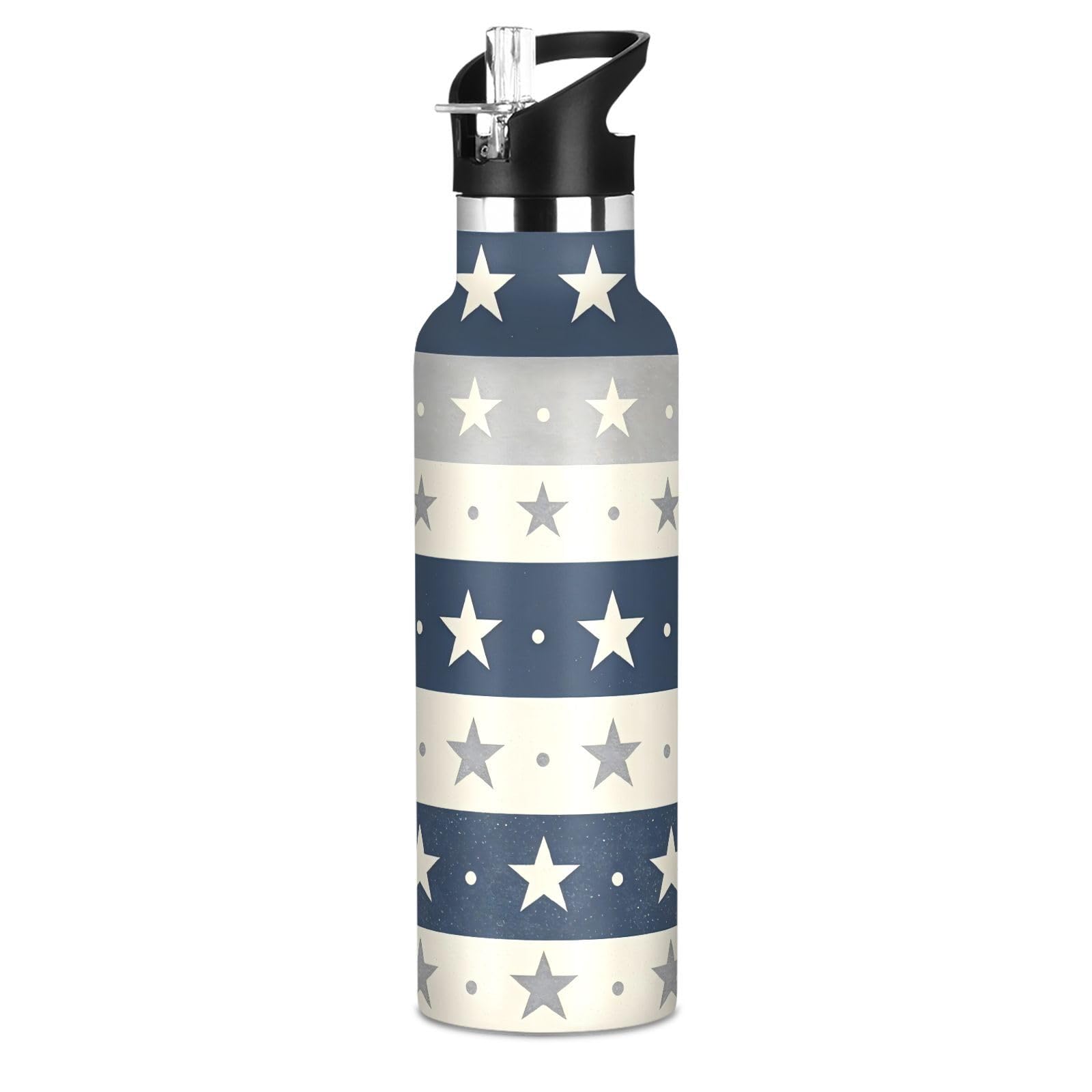 Striped Stars Kids Insulated Water Bottle with Straw Lid 600ml Stainless Steel Vacuum Sports Water Bottle Leakproof Portable for