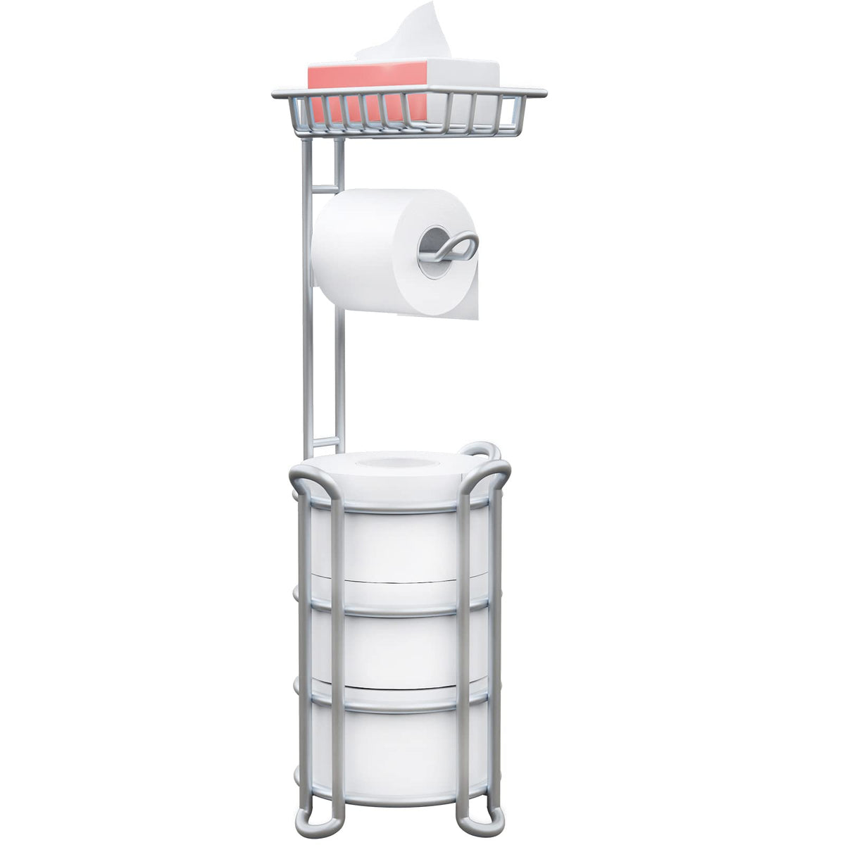 Toilet Paper Holder Stand With Shelf For Phone, Free Standing Tissue Roll Storage And Dispenser Rack For 4 Mega Rolls, Silver Gr