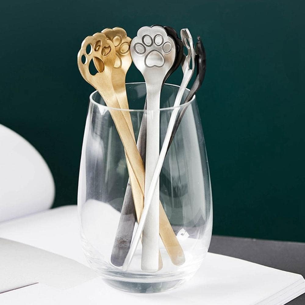 Hollow Cat Paw Silver Stainless Steel Coffee Spoons, Cat Paw Teaspoons Hollow Stirring Spoons, Mixing Spoons Dessert Spoons Kitc