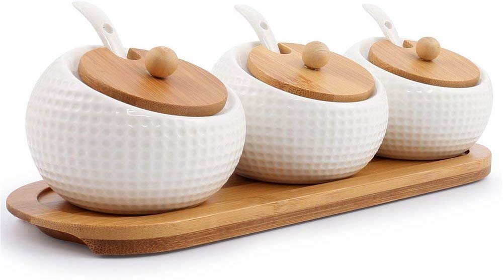 Leeonz Porcelain Condiment Jar Spice Container With Lids  Bamboo Cap Holder Spot, Ceramic Serving Spoon, Wooden Tray  Best Pot