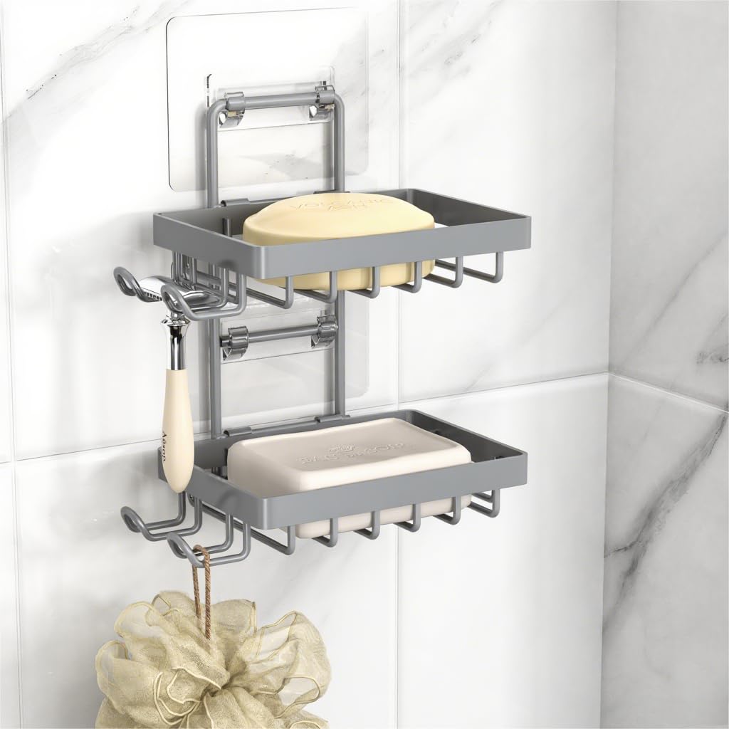 Moforoco Grey Double Soap Bar Holder for Shower, No Drilling, 304 Rustproof Stainless Steel, Wall Mounted Soap Holder with 4 Hoo