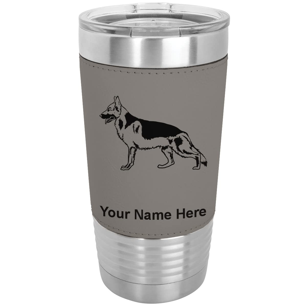 Lasergram 20Oz Vacuum Insulated Tumbler Mug, German Shepherd Dog, Personalized Engraving Included (Faux Leather, Gray)