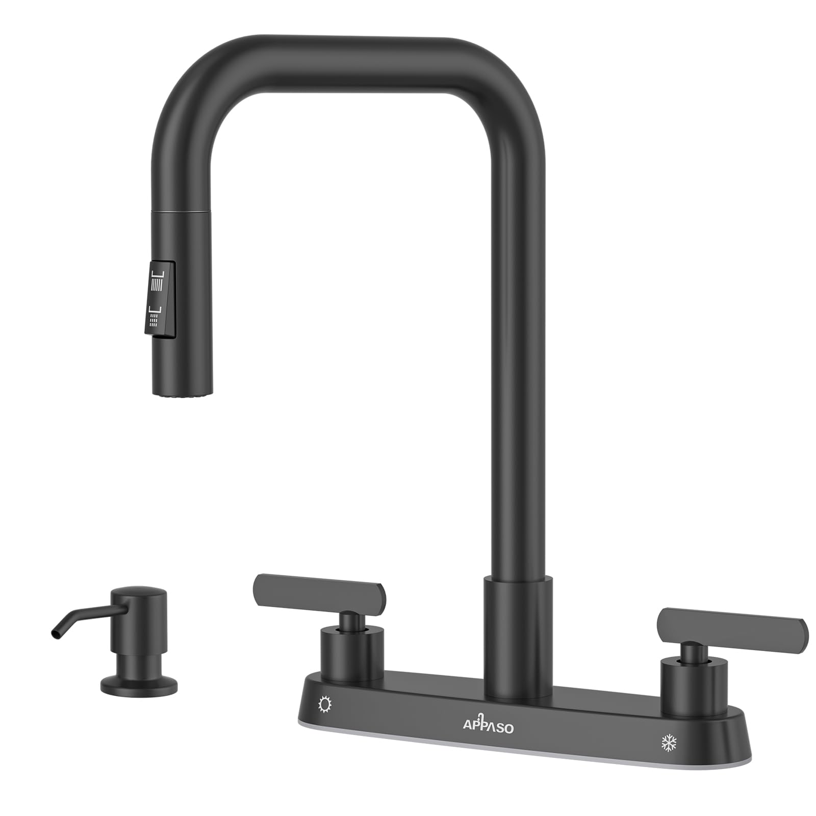 APPASO 4 Hole Kitchen Faucets 2 Handle, Pull-down Kitchen Sink Faucets, Kitchen Faucet with Soap Dispenser Black, Sink Faucet wi
