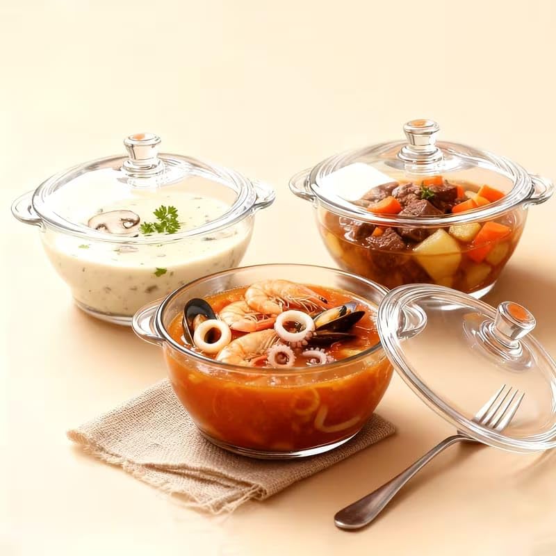 Primeworld 3Pcs Set Of 1000 Ml Each Casserole With Glass Lid Microwave Oven Safe Serving Bowl Tempered Glass, For Rice And Boili