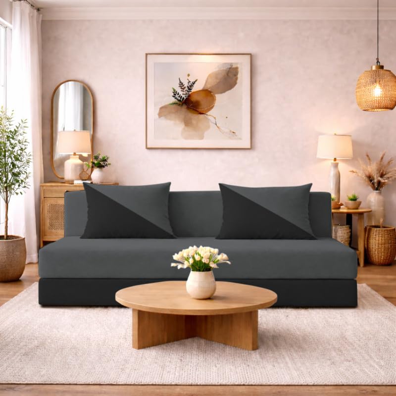 Adorn India Easy Desmond 4 Seater Sofa Cum Bed 6 X 6 Velvet (Yellow & Black) (1 Year Warranty)