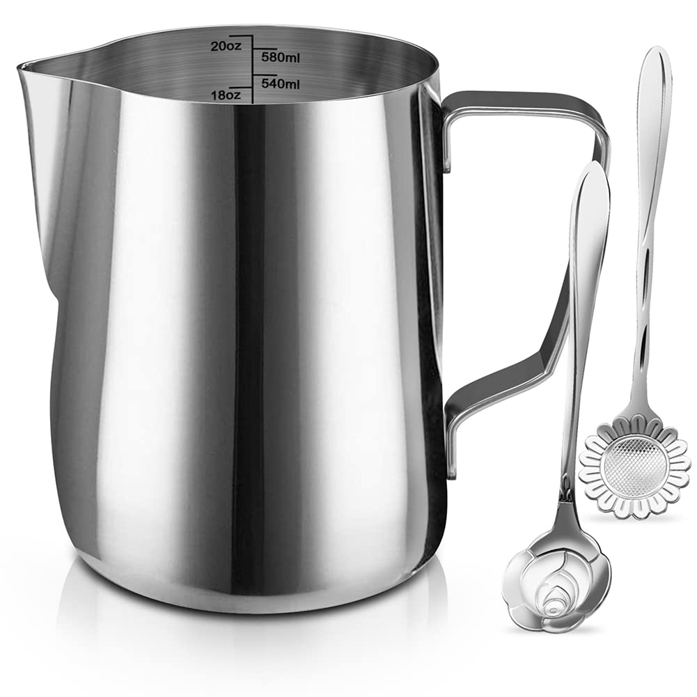 Milk Frothing Pitcher Jug - 20Oz/600Ml Stainless Steel Coffee Tools Cup - Suitable For Espresso, Latte Art And Frothing Milk, At