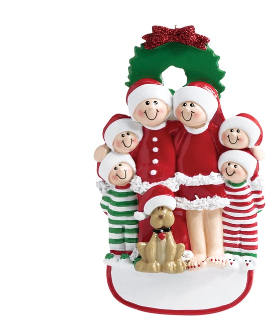 Family with Dog Personalized Christmas Tree Ornament | Custom Writing with Dog Personalized Family Ornaments (Family of 6)