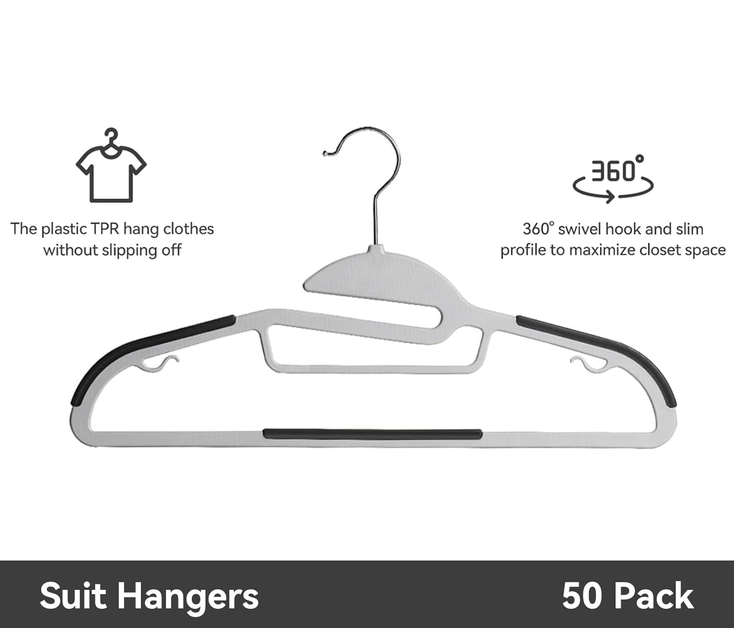 Softflame Plastic Hangers Pack Of 50, Heavy-Duty Non-Slip Clothes Hangers Space Saving With 360 Swivel Hook Grey/Silver