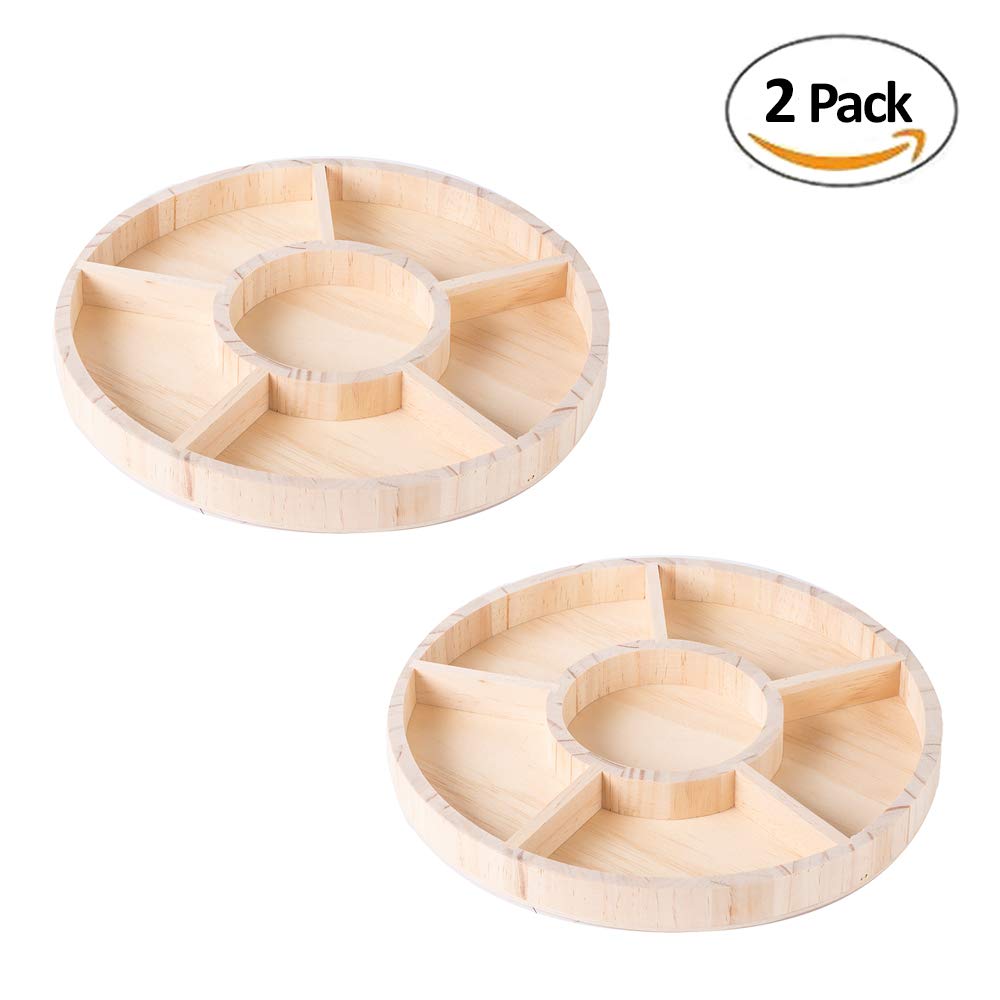 Wooden Tray With 6 Sections - 2 Pack Round Tray Chip And Dip Platter - Divided Serving Tray For Appetizers & Snacks - Veggie Pla