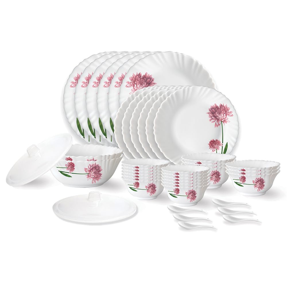 Larah By Borosil Nargis Fluted Series Opalware Dinner Set | 40 Pieces For Family Of 6 | Microwave & Dishwasher Safe | BoneAsh F