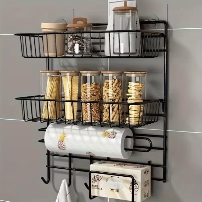 Metal WallMounted Organizer  Versatile Design With Paper Towel Holder, Storage Shelf & Hooks  Perfect For Kitchen, Pantry, La