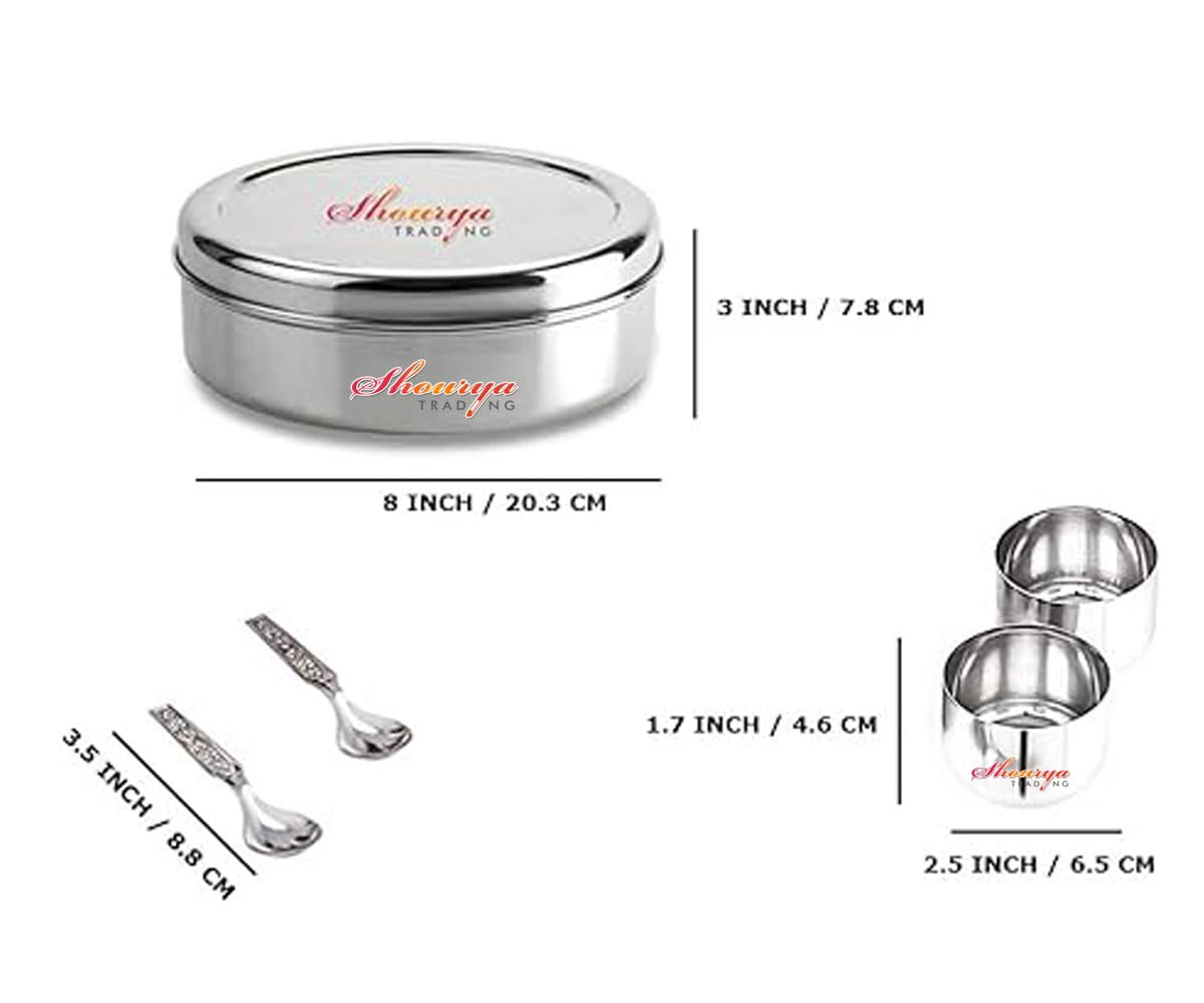 Shourya Trading Stainless Steel Spice Box With 7 Spice Containers And 7 Spoon And Double Lid, Size No. 12
