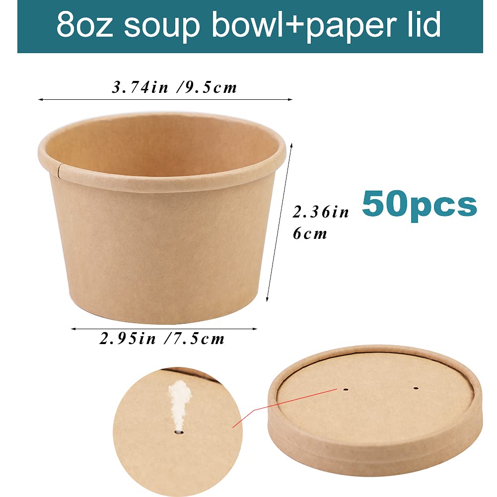 8Oz 50 Pack Paper Soup Containers With Lids, Disposable Kraft Food Cups, Soup Cups Paper Ice Cream Cups, Dessert Cups, Yogurt Ic