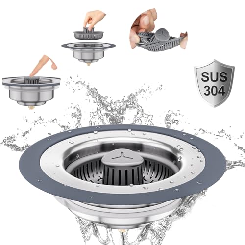 Auspok Upgraded 3 In 1 Kitchen Sink Drain Strainer Set, 304 Stainless Steel Sink Stopper, Silicone Anti-Clogging Catcher Basket,