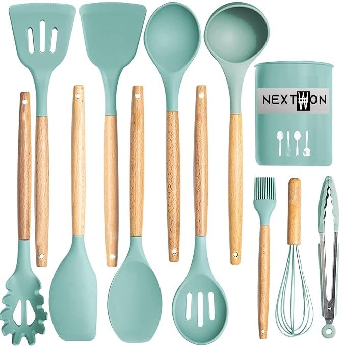 Non Stick Silicone Spatula Spoon Laddle Utensil Set For Kitchen Cookware Tool Set, 12 Pcs (Dark Green)