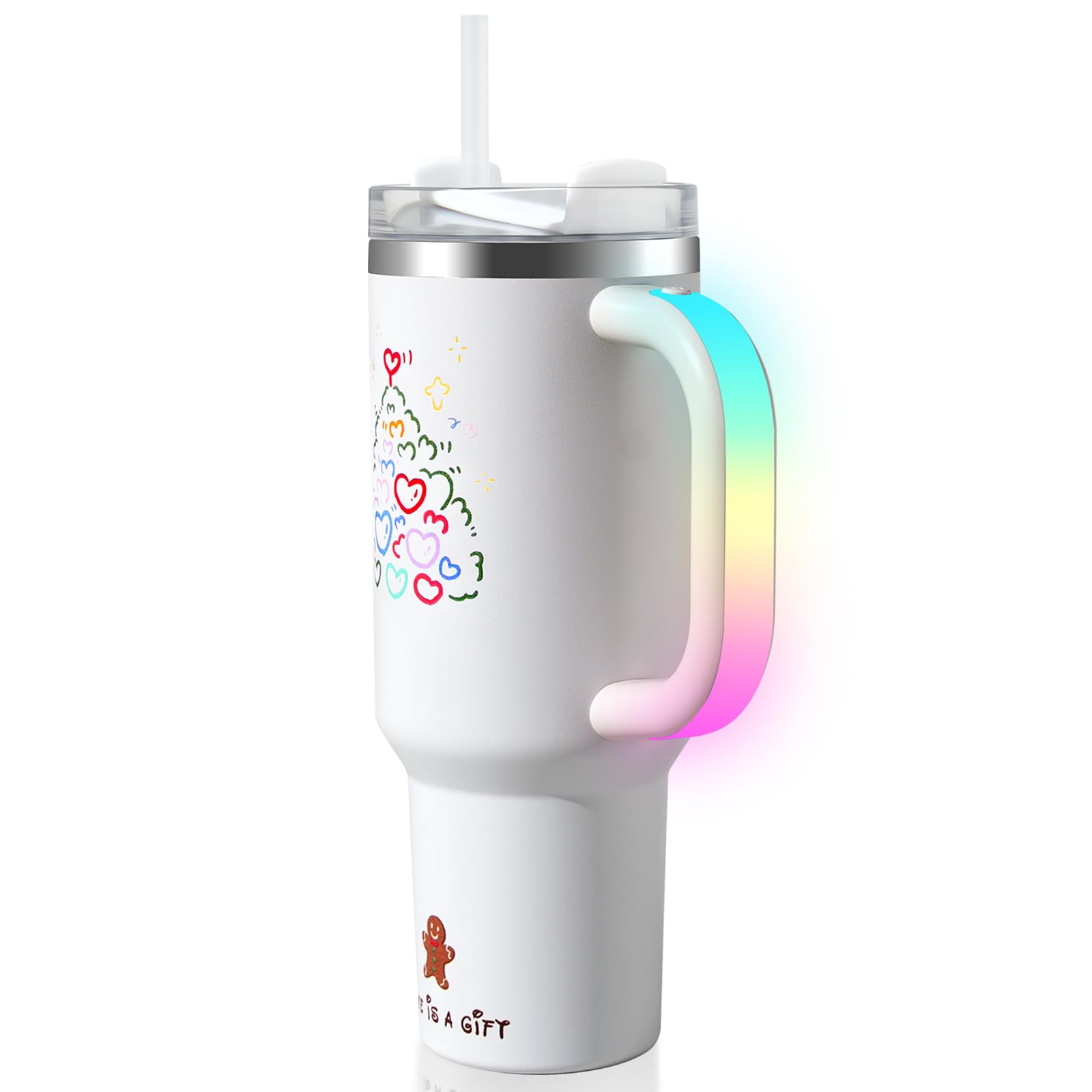 40Oz Christmas Tumbler With Rechargeable Led LightUp Handle  Stainless Steel Vacuum Insulated Cup With Lid & Straw  Ideal For
