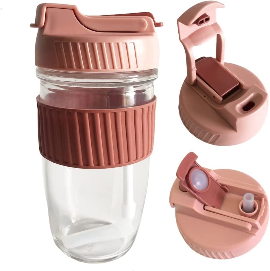 QUEDOZ 2 in 1 Sipper Mug Glass Tumbler with Lid and Straw Dualuse Drinking Leak Proof Coffee Tumbler with Silicone Sleeve Band 