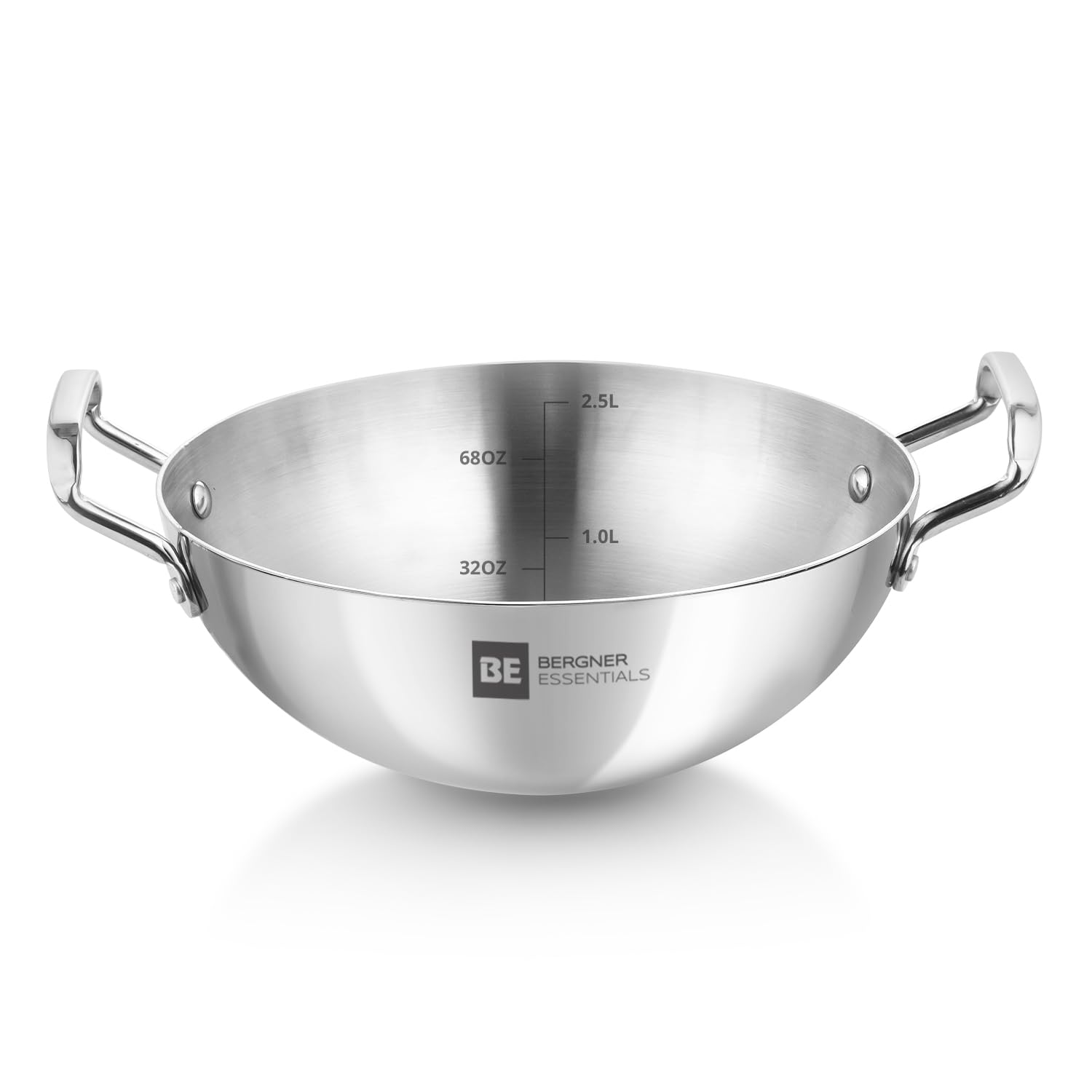 Bergner Be Essentials Triply Stainless Steel 24 Cm Extra Deep Kadai/Indian Wok, 2.5 L Kadhai, Even Heat Distribution, Consumes L