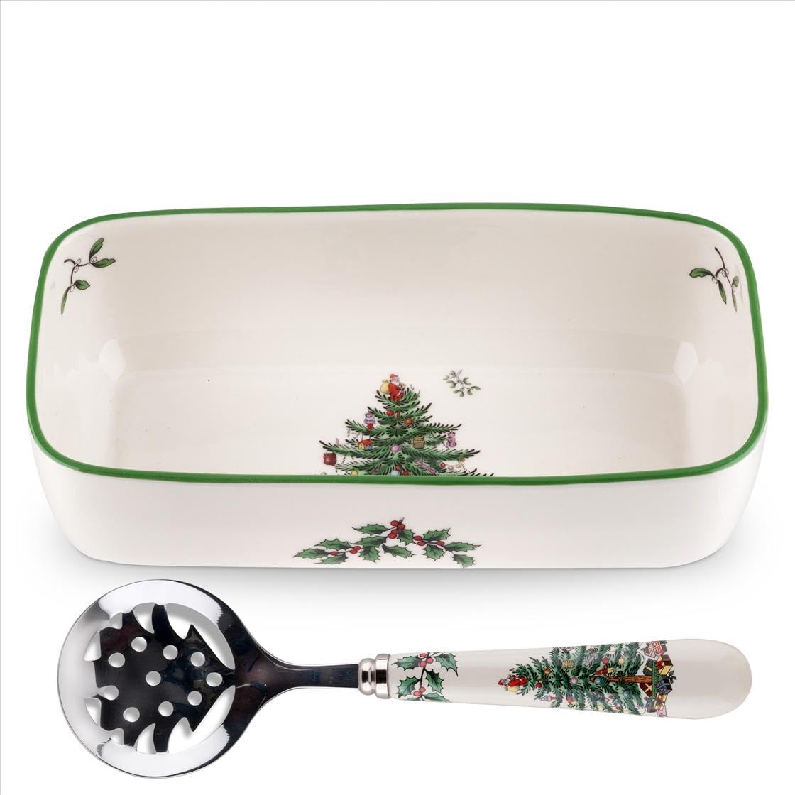 Spode Christmas Tree Cranberry Sauce Serving Dish with Slotted Spoon (8x 4.25) - Rectangular Holiday Server with Holiday Motif -
