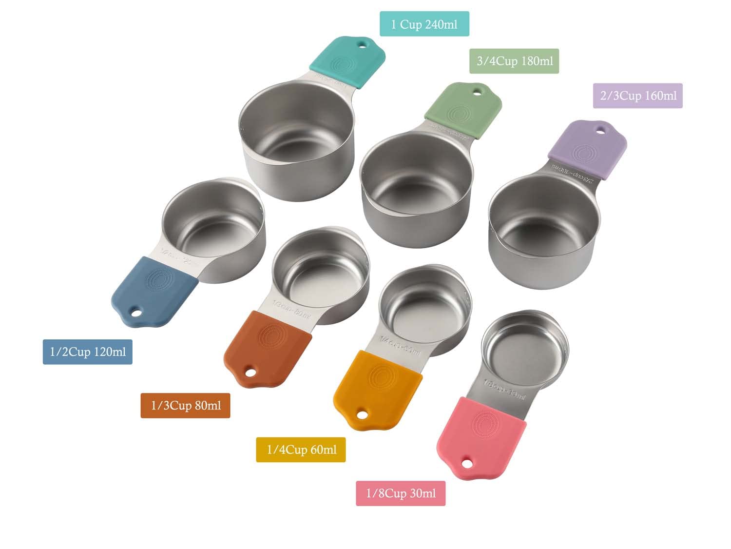 Turewin Magnetic Measuring Cups and Spoons Set - 7 Stainless Steel Cups, 8 Double-Sided Spoons, Leveler, Color Variants