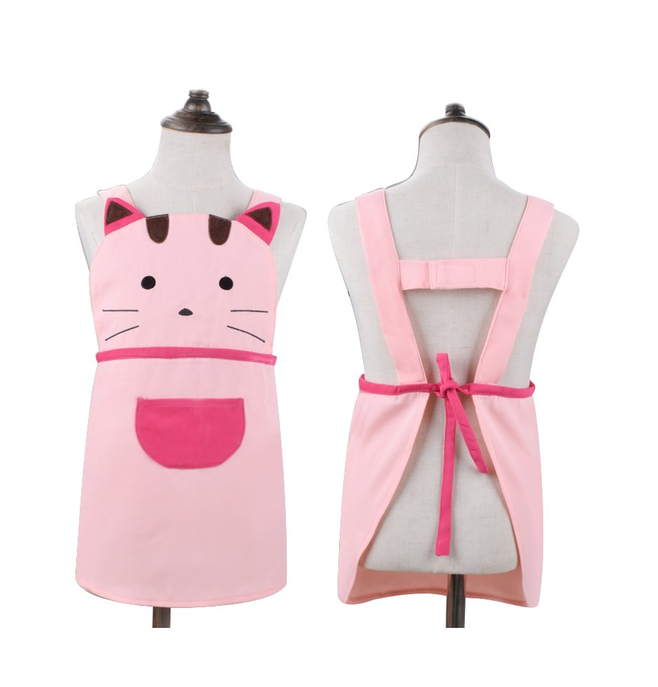 Love Potato Cute Girls Toddler Cartoom Cat Embroidered Cotton Kitchen Cooking Baking Apron For Kids 2-4 Years Old (Pink)