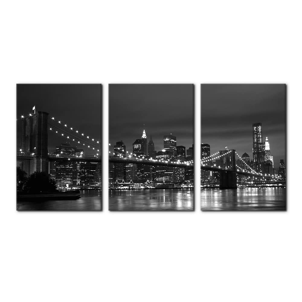 Pacimo New York Brooklyn Bridge Canvas Wall Art 3 Panels Night View Modern Landscape Artwork Cityscape Pictures Prints On Canvas