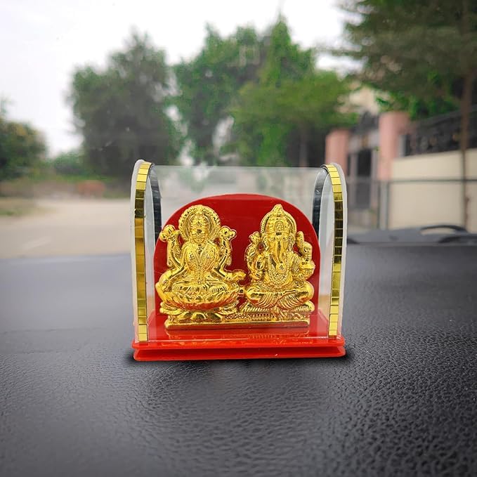 Awesome Craft Goddess Laxmi Ganesh Idol | Status | Murti Gold Polish Acrylic Idol In Glass Box For Home Temple, Office, Car Dash