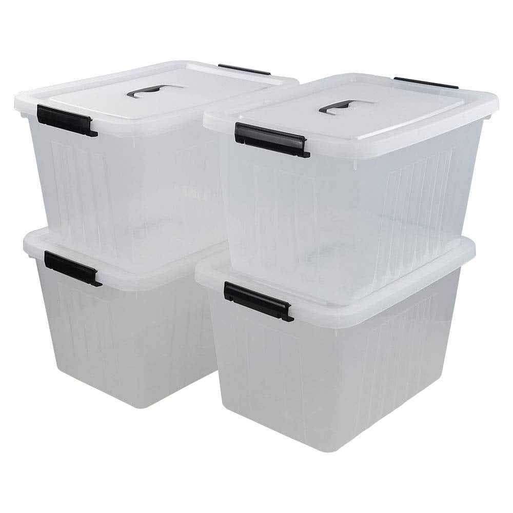 Easymanie 25 Quart Clear Latching Tote, Plastic Storage Bin With Black Handle, Pack Of 4