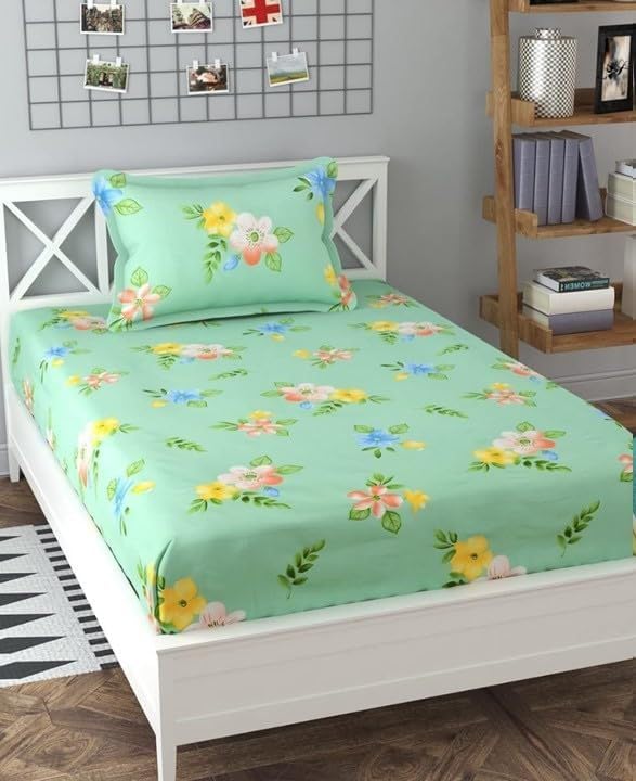 Kawi Single Bedsheet Elastic Fitted Glace Cotton With 1 Pillow Cover (72X 48X 6 Size) Mattress Green, Neem Patti Print