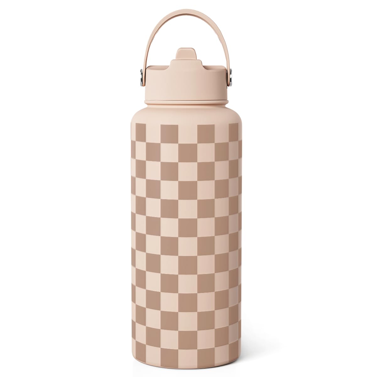 Checkerboard Water Bottle 32oz Stainless Steel with Lid & Straw, Beige Checker Insulated Bottles for Women Girls, Gift Idea for 